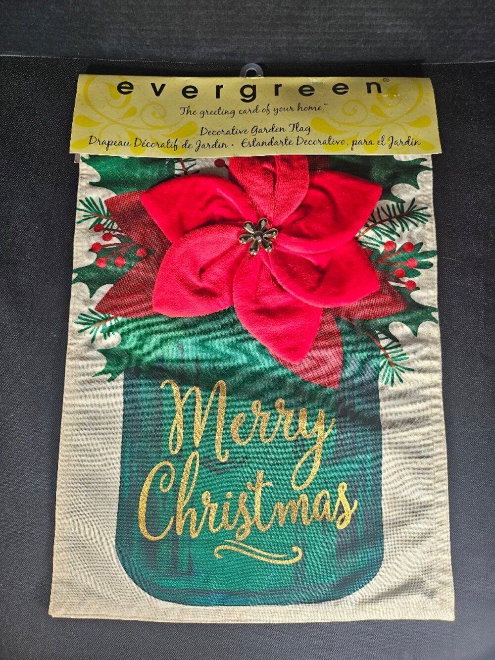 Evergreen Decorative Garden Flag Merry Christmas Poinsettia Mason Jar Holiday